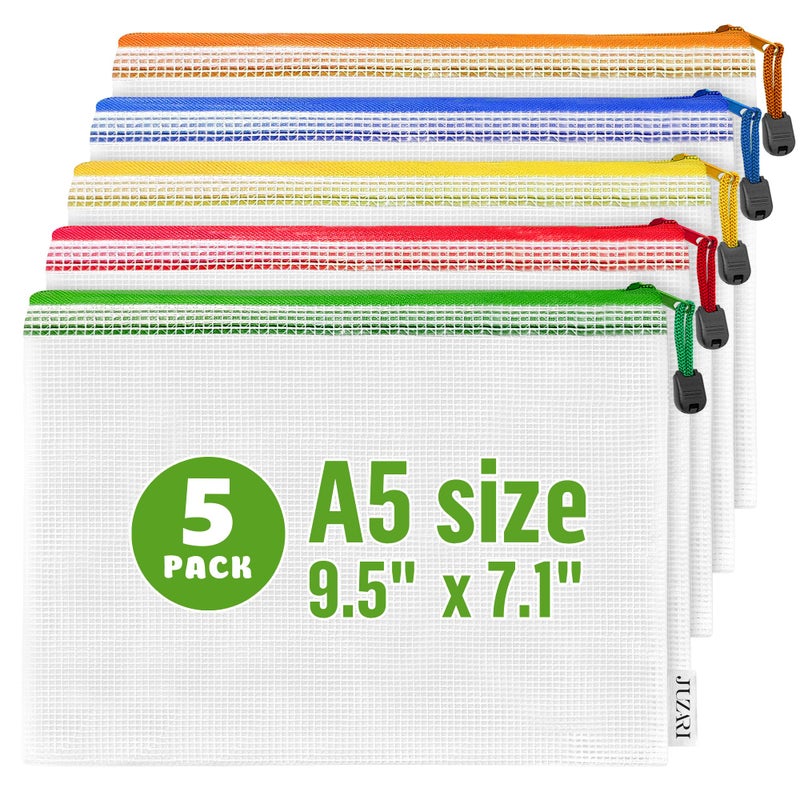 JUZARI Mesh Zipper Pouch Bags A5-5 Pack Plastic Zipper Pouches for Organizing 9.5x7.1 - Mesh Pouch with Zipper Bags for Organizing - Mesh Zipper Bags for Office Supplies Travel Accessories Receipts Makeup - Image 1